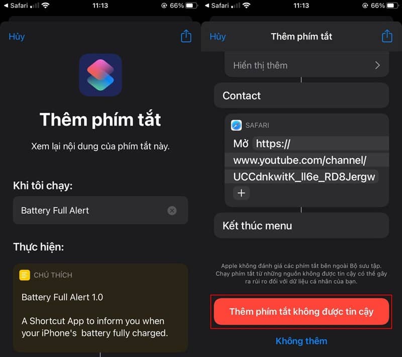 Thêm phím tắt không được tin cậy Thêm phím tắt không được tin cậy