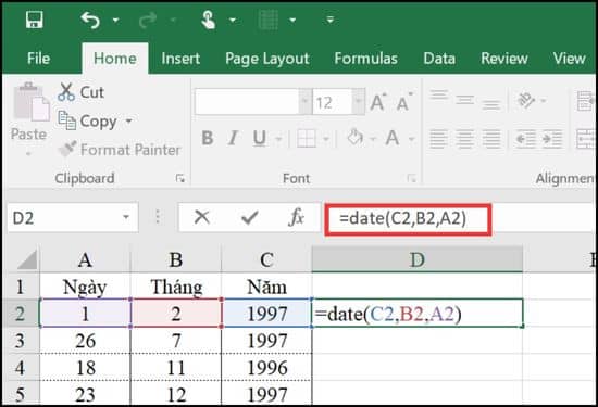 Sử dụng hàm nối ngày tháng năm trong Excel bước 1 Sử dụng hàm nối ngày tháng năm trong Excel bước 1