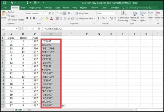 Sử dụng hàm nối ngày tháng năm trong Excel bước 6