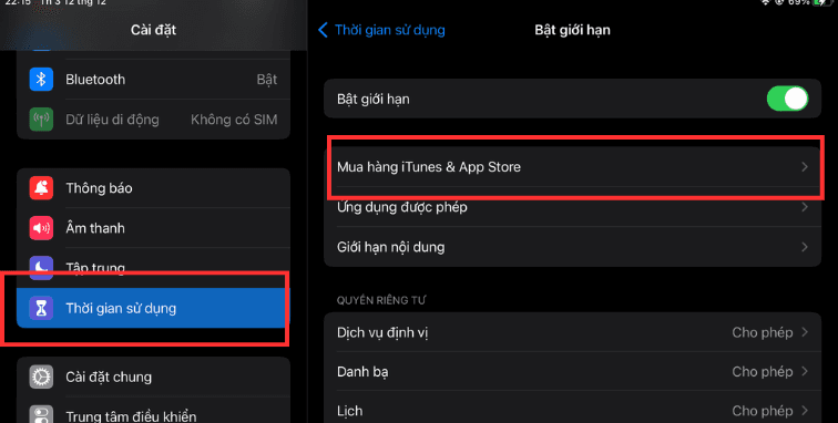 Tìm App Store trong phần hạn chế b1
