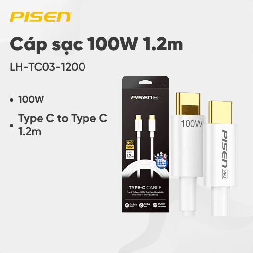 Cáp sạc Pisen Type C to Type C 100W 1.2m LH-TC03-1200