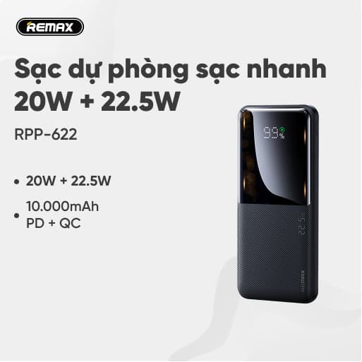 Sạc dự phòng Remax 10000mAh sạc nhanh 20W+22.5W PD+QC RPP-622