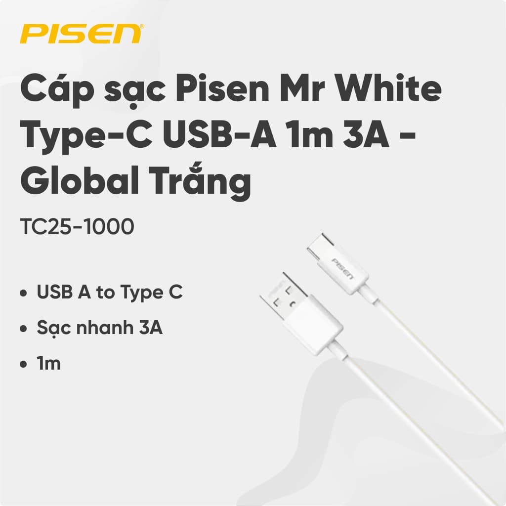 Cáp sạc Pisen Mr White Type-C USB-A 1m 3A - Global Trắng