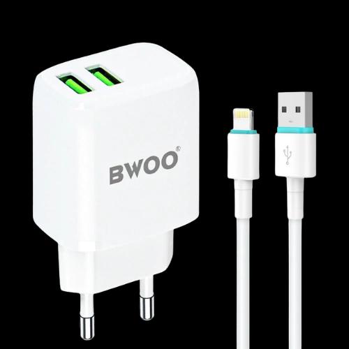 Bộ sạc BWOO 2 cổng sạc USB (Cable USB to Lightning) 2.4A Trắng